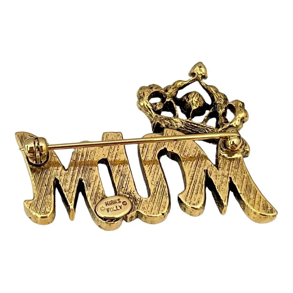 Kirks Folly Brooch MUM AB Rhinestone Crown Gold Tone - 1C